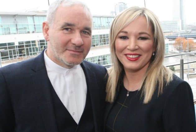 Sinn Fein Lagan Valley candidate Dr Peter Doran along with the party's leader in NI Michelle O'Neill
