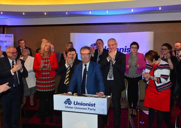 Mike Nesbitt at his Ulster Unionist Party manifesto launch this week at the Park Avenue Hotel in Belfast, with senior party members behind him. 
Photo by Arthur Allison, Pacemaker Press
