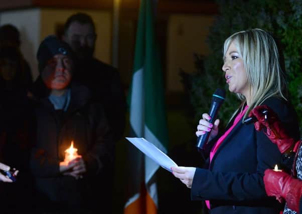Michelle ONeill addresses a crowd gathered at Clonoe Chapel car park to mark the 25th anniversary of the death of four IRA men. 
Picture by Arthur Allison/Pacemaker Press