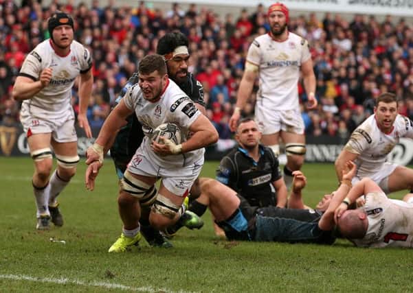 Ulster  Sean Reidy scores a try while tackled by Glasgow Warriors Brian Alainu'uese