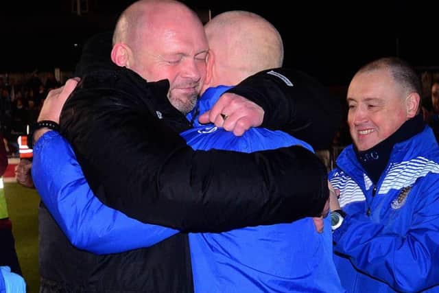 Bring it in big man. 
Ballymena's manager David Jeffrey celebrates.
Picture By: Arthur Allison/Pacemaker Press