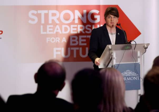 Party Leader Arlene Foster launches the Democratic Unionist Party's manifesto in Belfast ahead of the Northern Ireland Assembly elections. Pic: Niall Carson/PA Wire