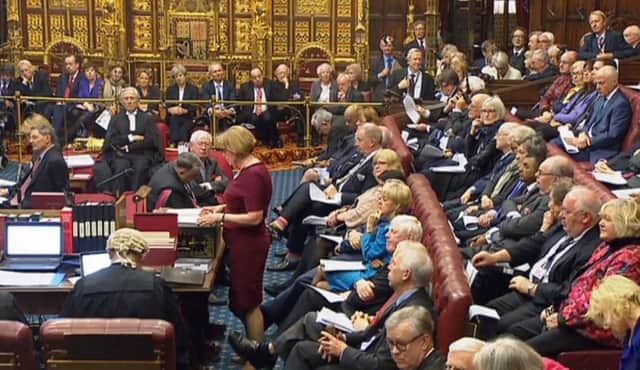 Prime Minister Theresa May sits behind the Speaker (back row) as Baroness Smith of Basildon speaks in the House of Lords, London, during a debate on the Brexit Bill. Pic: PA Wire