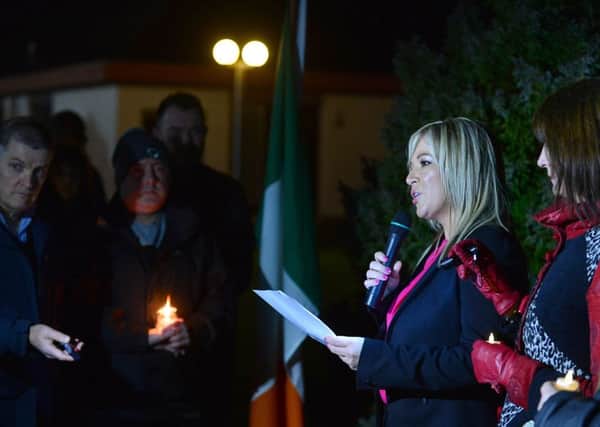 Sinn Fein leader at Stormont Michelle ONeill addresses a crowd gathered at Clonoe Chapel car park to mark the 25th anniversary of the death of four IRA men. 
Picture by Arthur Allison/Pacemaker Press