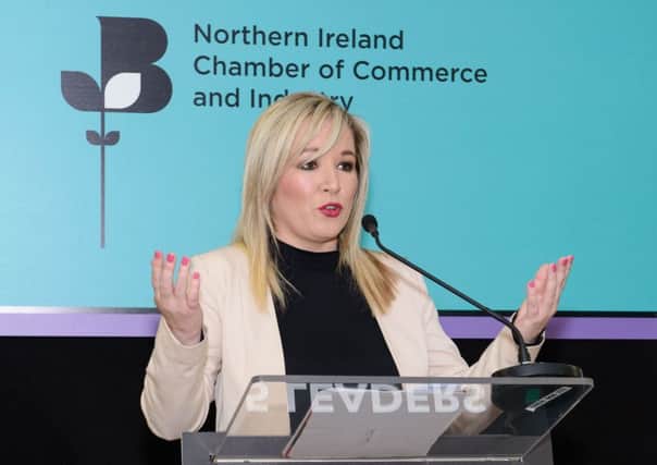 Sinn Fein's Michelle O'Neill  speaking at a Leaders; 5 Days event organised by the Northern Ireland Chamber of Commerce in Castledawson. Pic: Sinn Fein/PA Wire