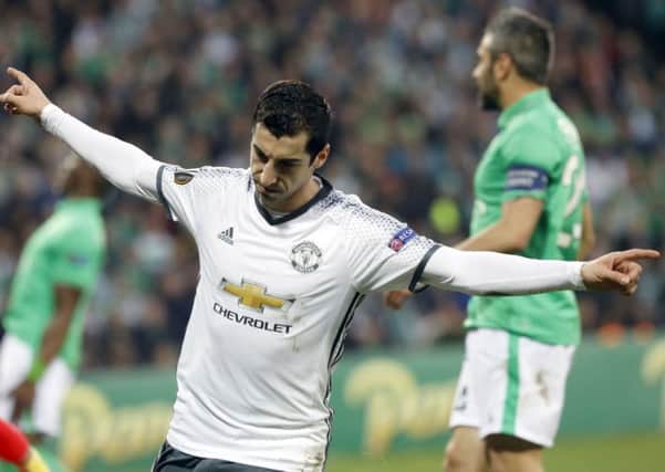 Manchester Uniteds Henrikh Mkhitaryan celebrates after scoring the opening goal
