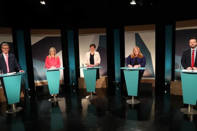 The leaders of Stormonts five main parties pictured during last weeks televised UTV leaders debate