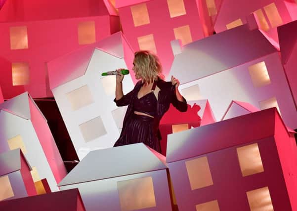 Katy Perry performing on stage at the Brit Awards at the O2 Arena, London