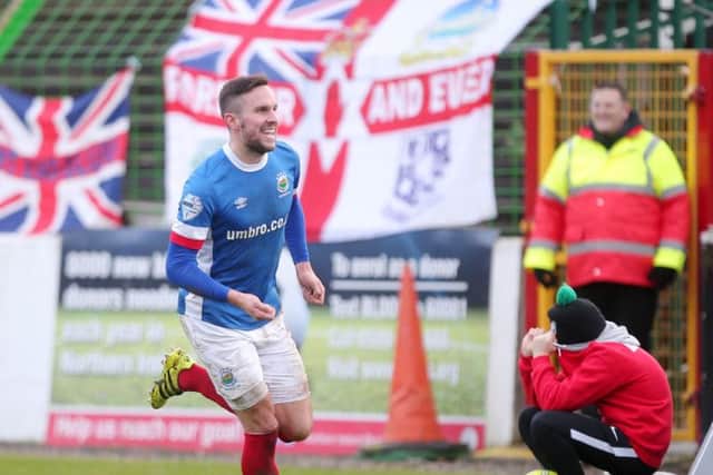 Andy Waterworth full of smiles after his goal at The Oval for Linfield against Glentoran. Pic by PressEye Ltd.