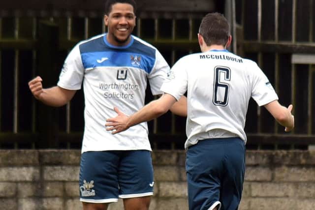 Ards' Guillaume Keke celebrates finding the net with a top class strike at Dungannon Swifts. Pic by PressEye Ltd.