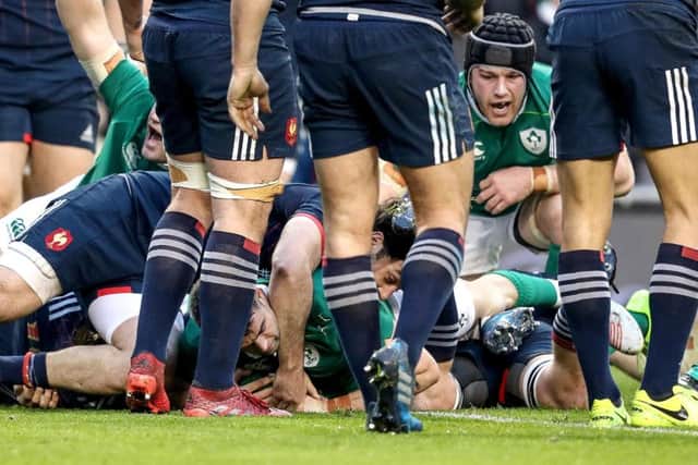 =
Ireland's Conor Murray scores a try
 against France