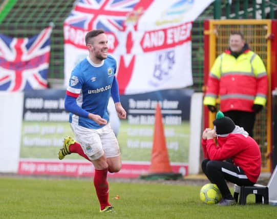 Andy Waterworth full of smiles after his goal at The Oval for Linfield against Glentoran. Pic by PressEye Ltd.
