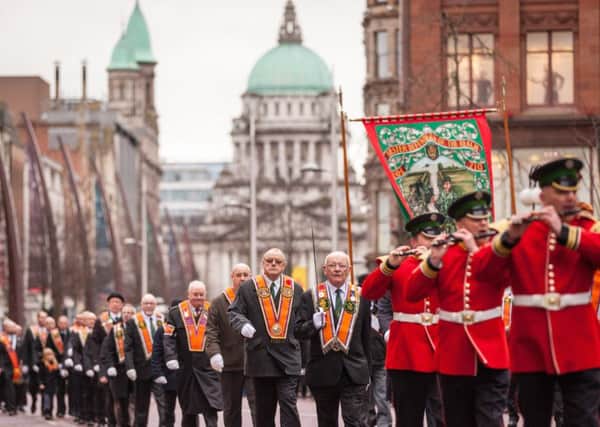 Orangemen on procession in Belfast, 25-02-17, at the annual memorial parade to remember two UDR soldiers murdered by the IRA in Belfast city centre.