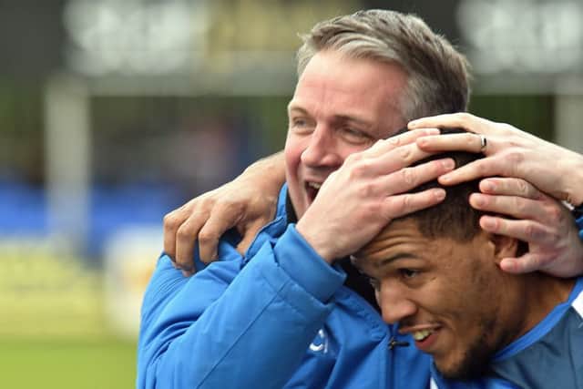 Ards' Guillaume Keke
heaped praise on boss Colin Nixon after Saturday's game.
Photo by TONY HENDRON/Presseye.com.