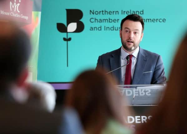 SDLP Leader Colum Eastwood speaks at the fifth and final event of the '5 Leaders, 5 Days' series - a programme of events organised by Northern Ireland Chamber of Commerce and Industry (NI Chamber) at which the party leader from five main political parties outlined their plans for jobs, growth and the economy. 

Today's event took at place at the Mount Charles Group in Belfast. 
 Photo by Kelvin Boyes / Press Eye