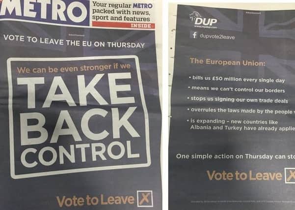 The Metro advert paid for by the DUP during the Brexit campaign