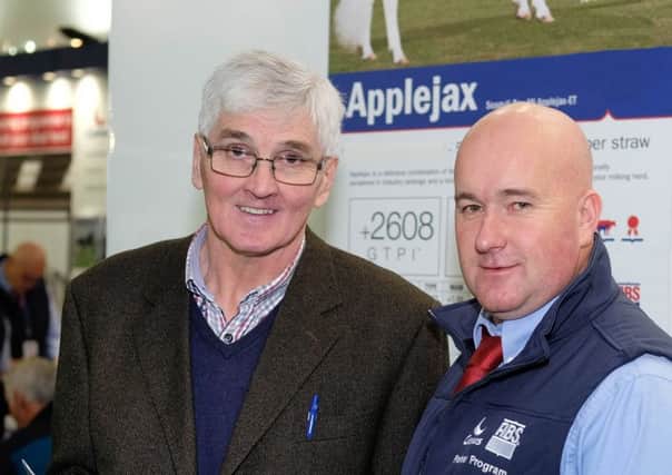 Holstein UK president elect David Perry discusses sponsorship of Holstein NI's forthcoming bull sale in Kilrea Mart with Gareth Bell, Genus ABS. Picture: Columba O'Hare/Fotacol
