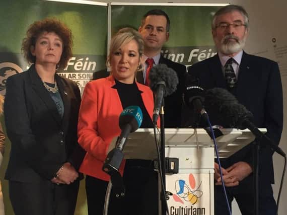 (Left to right) Caral Ni Chuilin, Michelle O'Neill, Pearse Doherty and Gerry Adams at a Sinn Fein press conference in An Chulturlann on the Falls Road in Belfast.