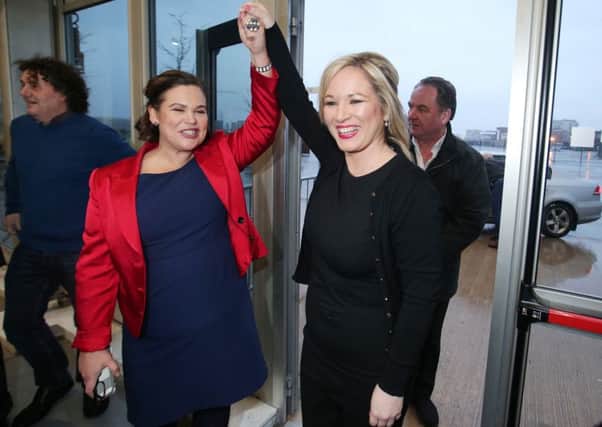 Triumphant Sinn Fein northern leader Michelle ONeill with, left, Mary Lou McDonald