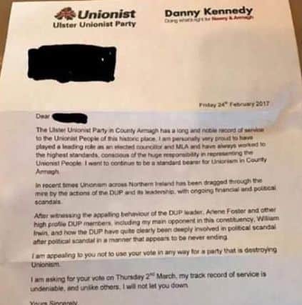 The UUP's Danny Kennedy public denounced a bogus letter sent out in his name during the Feb/March 2017 NI Assembly election