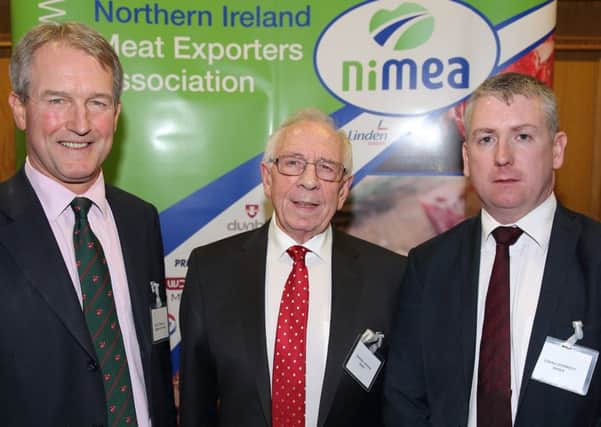 Guest speaker Owen Patterson with Campbell Tweedie and Conall Donnelly from NIMEA. Picture: Cliff Donaldson