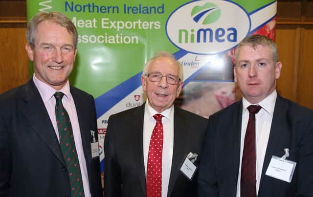 Guest speaker Owen Patterson with Campbell Tweedie and Conall Donnelly from NIMEA. Picture: Cliff Donaldson
