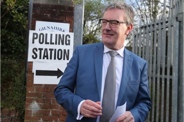 Ulster Unionist party leader Mike Nesbitt on the way into Gilnahirk Polling Station to cast his vote in the 2017 election.