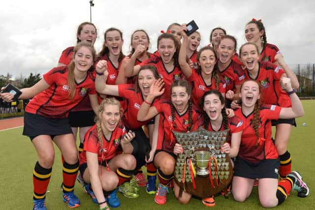 The celebrations begin as Banbridge Academy finally win the Ulster Senior Schoolgirls' Cup for the first time. Pic: Rowland White / PressEye