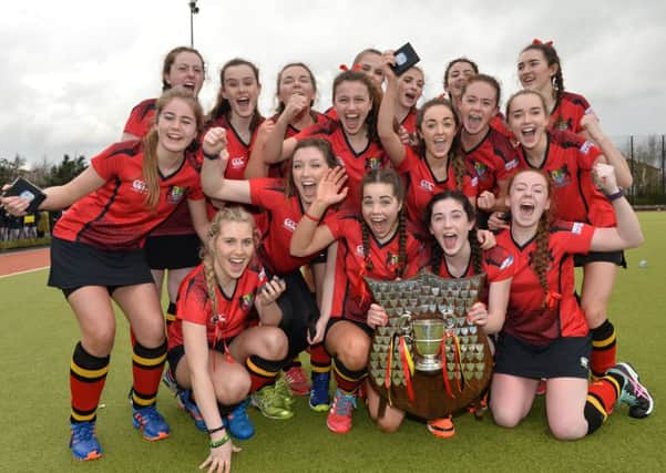 The celebrations begin as Banbridge Academy finally win the Ulster Senior Schoolgirls' Cup for the first time. Pic: Rowland White / PressEye