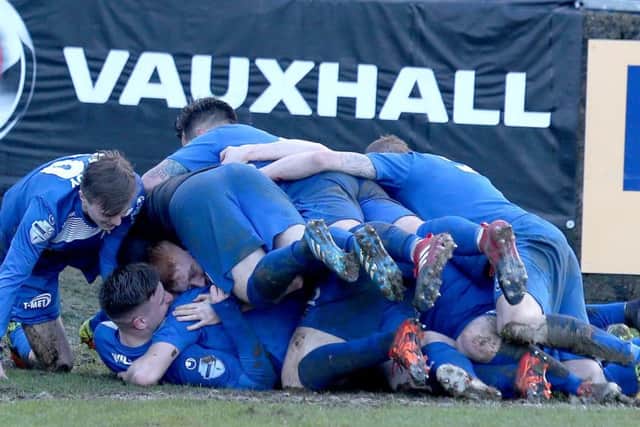 Celebration time in extra-time for Dungannon Swifts against Warrenpoint Town. Pic by PressEye Ltd.