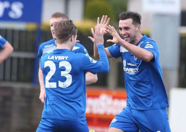 Dungannon celebrate levelling the scores at 1-1 during Saturday's Irish Cup quarter-final after a Warrenpoint OG by Josh Lynch.  Photographer - Matt Mackey / Press Eye