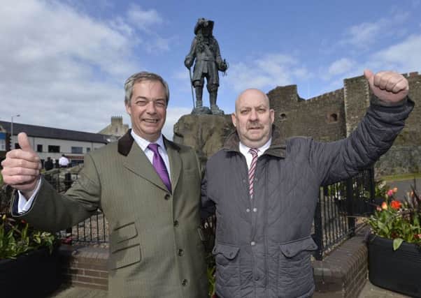 Ex-Ukip leader Nigel Farage with Noel Jordan at Carrickfergus Castle