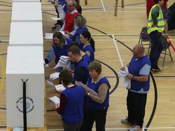 A view of Omagh count centre as counting is underway in Northern Ireland's Assembly election.