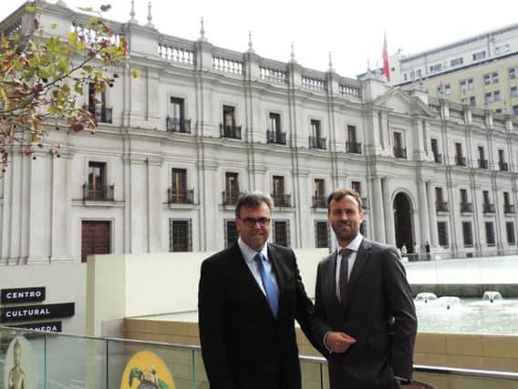 Invest CEO Alastair Hamilton pictured with Mal Green, deputy head of Mission & Consul at the British Embassy in Chile at Palacio de la Moneda, the seat of the President of Chile in Santiago