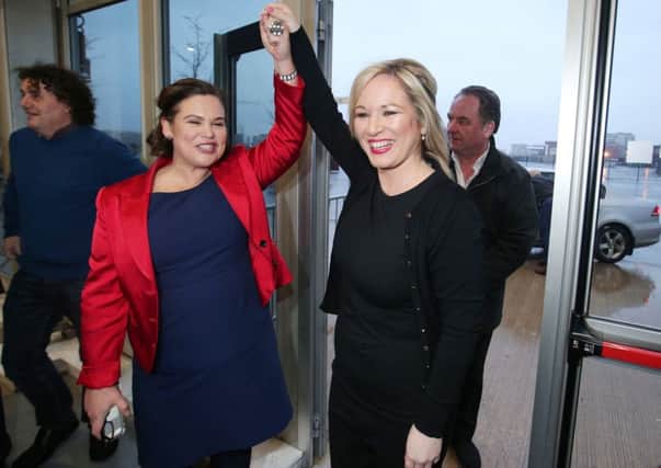 Victorious Sinn Fein northern leader Michelle O'Neill arrives at the Belfast count centre and is greeted by the party's deputy leader Mary Lou McDonald. 
Photo by Jonathan Porter / Press Eye.
