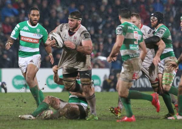Ulster's Marcell Coetzee in action with Treviso's Tommaso Iannone