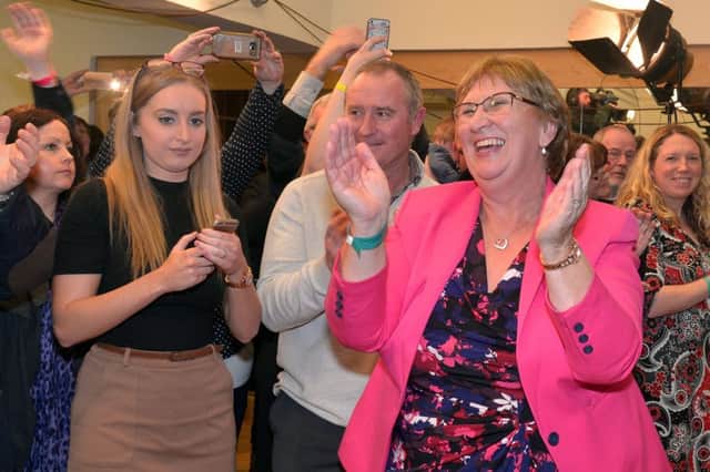 Dolores Kelly (SDLP) celebrates her election. Photo by Tony Hendron / Press Eye.