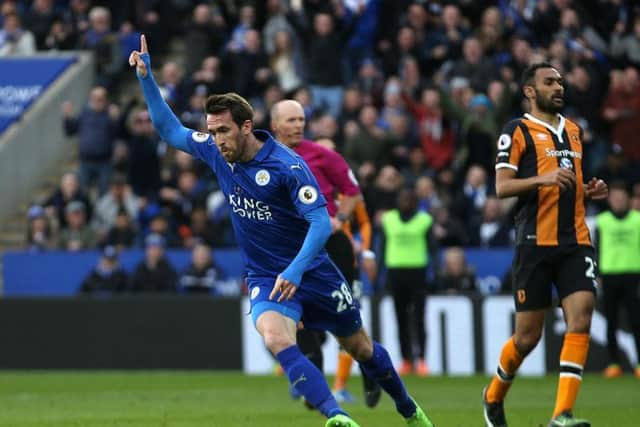 Leicester's Christian Fuchs celebrates his goal in Saturday's win over Hull City