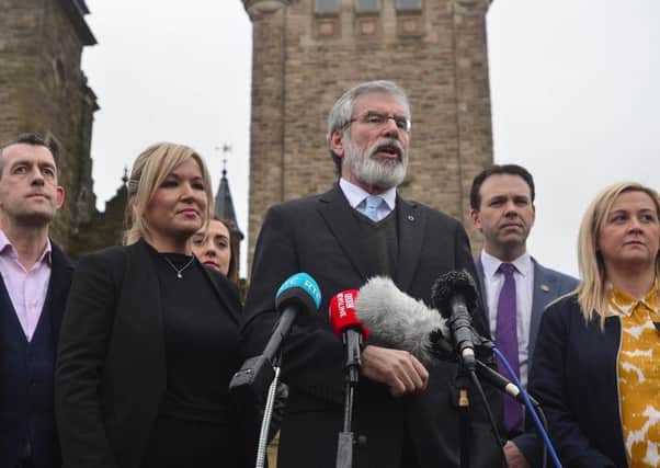 Gerry Adams and Michelle ONeill talk to the media at Stormont after talks with Secretary of State James Brokenshire