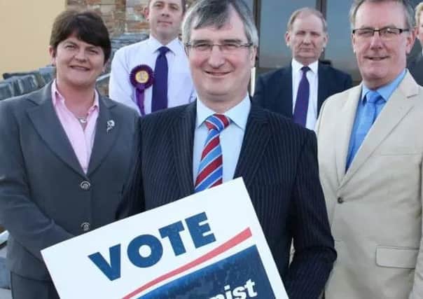 Unionists united: Tom Elliott with Arlene Foster and Mike Nesbitt united for Mr Elliott's Westminster bid in 2015