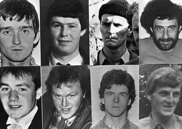 MONTAGE PICURE OF THE EIGHT IRA MEN WHO WERE SHOT DEAD BY THE SAS AS THEY TRIED TO BLOW UP LOUGHGALL RUC STATION. FROM TOP LEFT-PATRICK McKEARNEY, TONY GORMLEY,JIM LYNAGH, PADDY KELLY. FROM BOTTOM LEFT-DECLAN ARTHURS, GERARD O'CALLAGHAN, SEAMUS DONNELLY AND EUGENE KELLY.