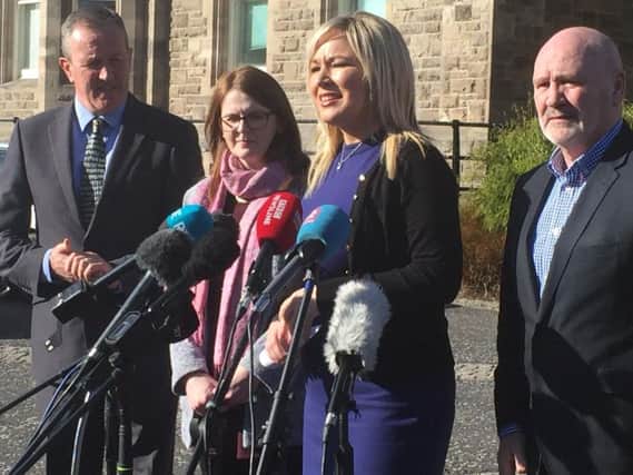 (left to right) Conor Murphy, Caoimhe Archibald, Michelle O'Neill and Alex Maskey at Stormont Castle in Belfast as Sinn Fein has accused the British Government of "holding up" justice for families whose loved ones were killed during the Troubles.