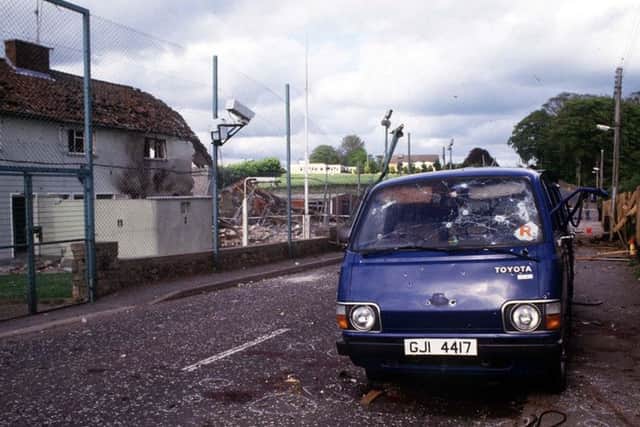 The bullet riddled Hiace van in which eight IRA men were shot dead by the SAS outside Loughgall RUC station in 1987. Picture by Pacemaker