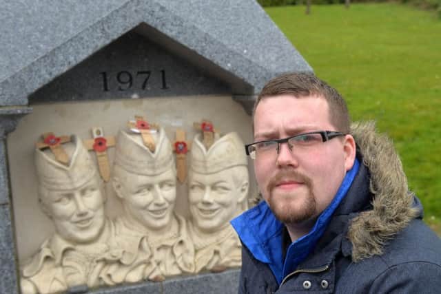 Kris McGurk at the monument for the three Scottish soldiers murdered in the IRA "honeytrap murders' in 1971. 
Pic Colm Lenaghan/Pacemaker