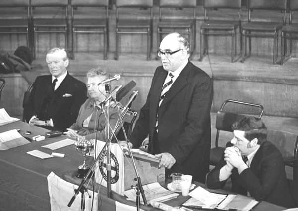 The then Ulster Unionist leader Harry West addressing a United Unionist Council meeting in Belfasts Ulster Hall in March 1978. Picture: Pacemaker