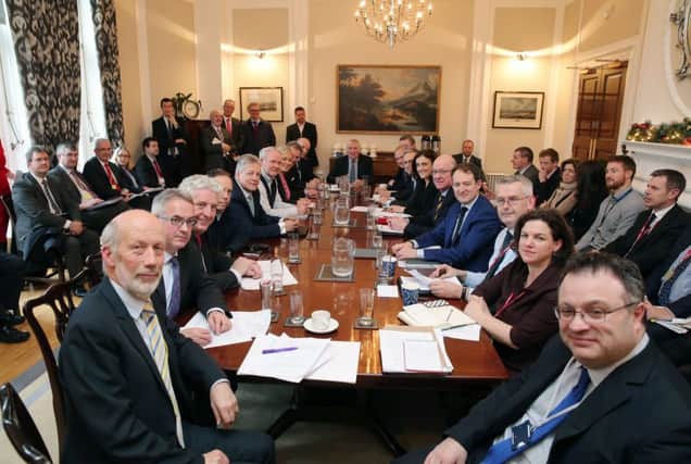 General view of the the last few minutes of the talks on December 23 2014, with Northern Ireland party leaders at Stormont House, Belfast, ahead of the Stormont House Agreement. Picture by Kelvin Boyes/Press Eye