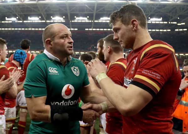 Ireland's Rory Best with Dan Biggar of Wales after the game
