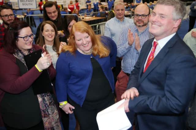Alliance party leader and East Belfast MLA Naomi Long (centre) celebrates with party colleagues after she tops the poll. Her party and the Green Party got almost 100,000 votes across Northern Ireland.
 Photo by Jonathan Porter/Press Eye.