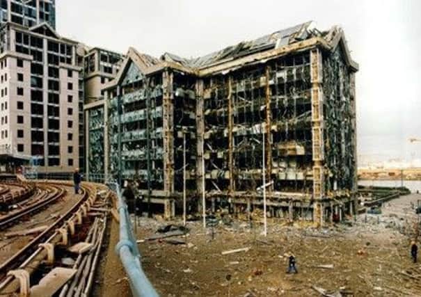 The aftermath of the 1996 IRA Canary Wharf bomb in London