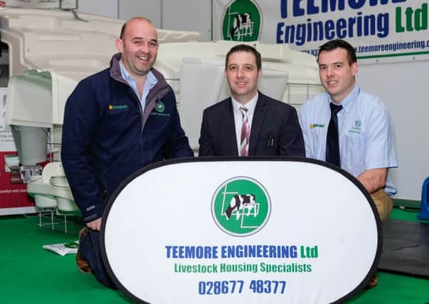 Teemore Engineering has confirmed its ongoing sponsorship of Holstein NI's March show and sale. Discussing plans for next week's event are Ray Foy and Adrian Bates from Teemore Engineering, with club chairman John Berry, centre. Picture: Columba O'Hare/Fotacol.